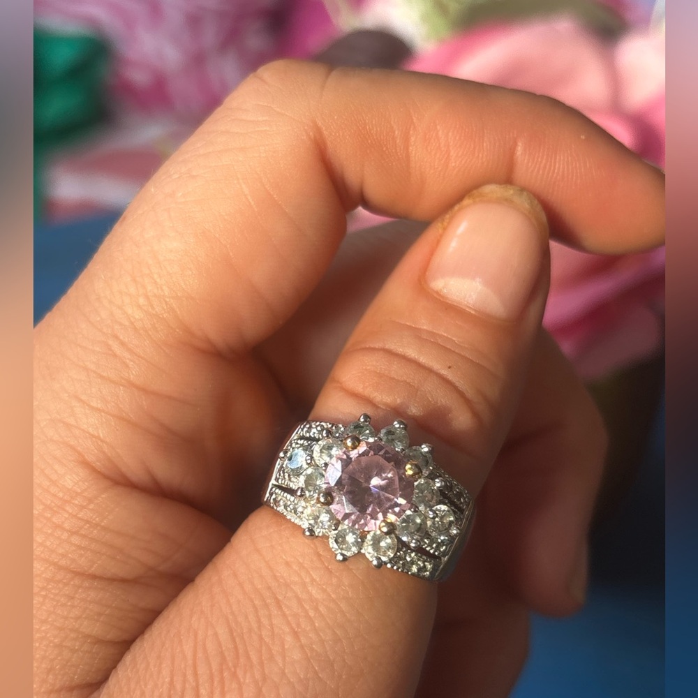 Sparkling Pink Halo CZ Ring • Wide Band Statement Cocktail Ring • Size 10 (RSC)